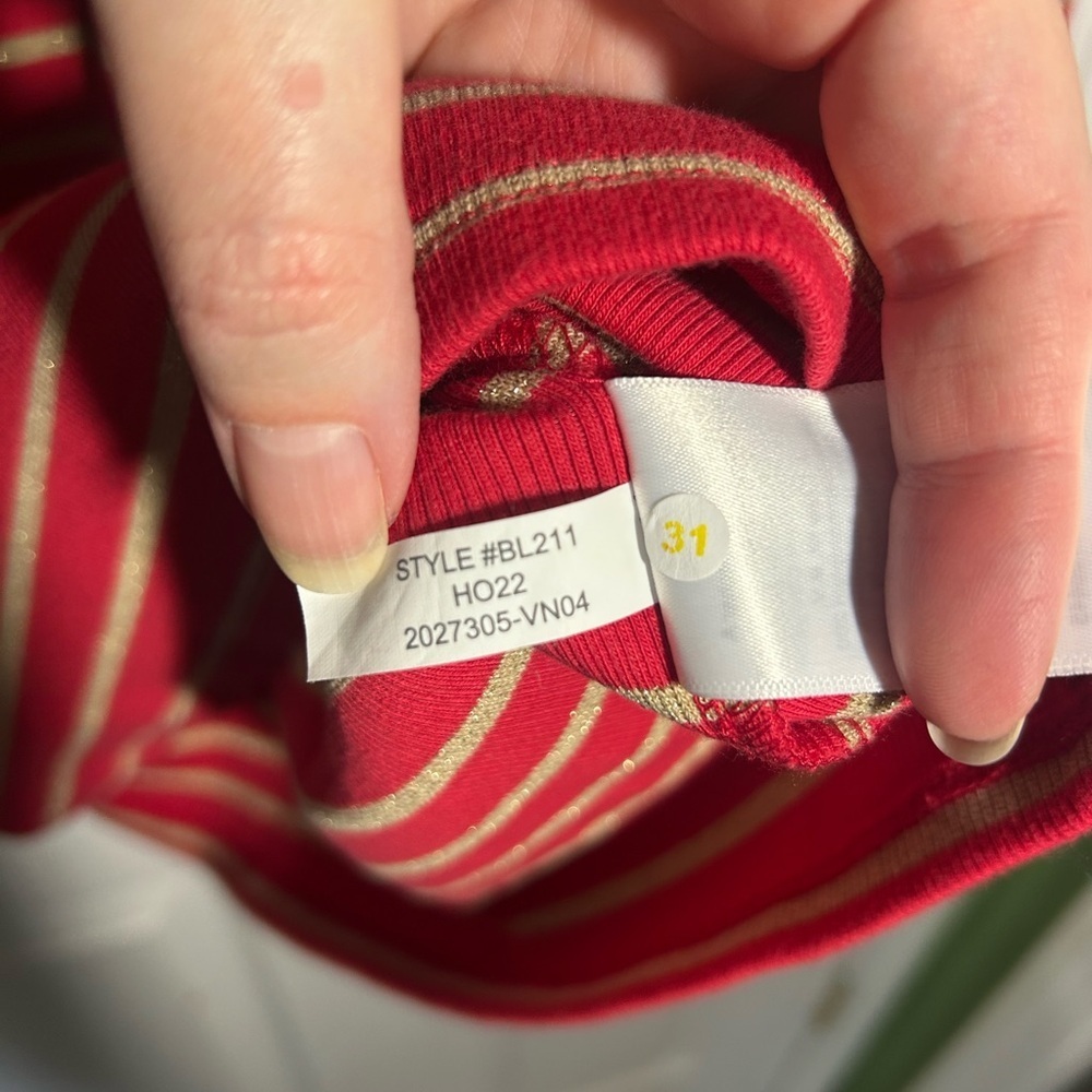 J. Crew Puff-sleeve sparkle stripe turtleneck red gold size XL - Picture 9 of 13